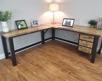 Reclaimed barnwood l-shaped desk, barnwood office desk, corner desk, solid wood corner desk with drawers, barnwood work station with drawers