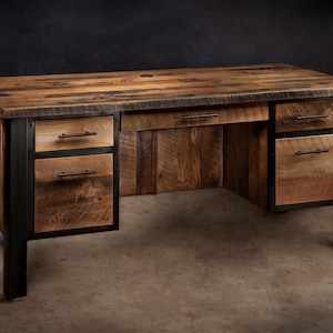 Industrial Modern Barnwood Desk Reclaimed Wood Desk Executive Desk Desk With 5 Drawers Solid Wood Office Desk Wood Computer Desk