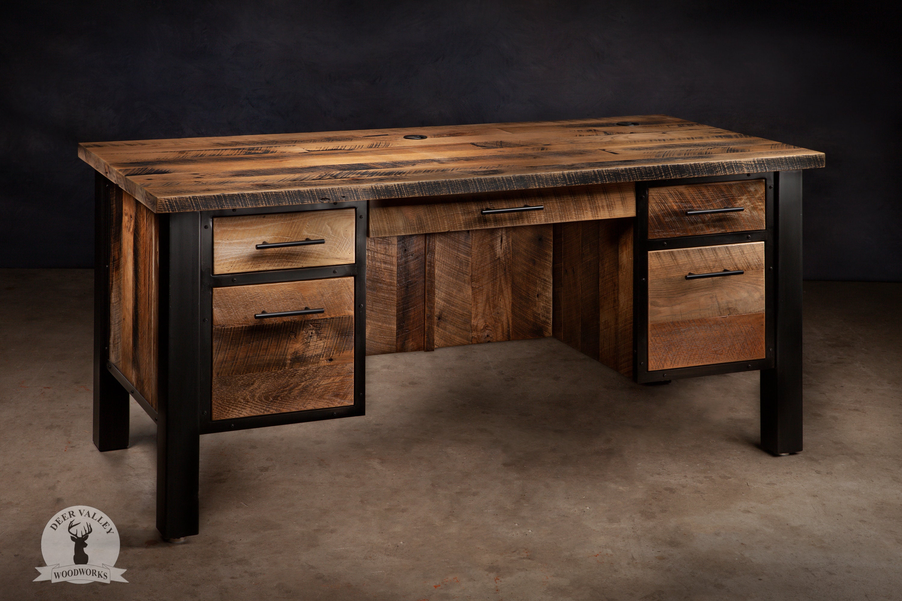 Rustic wood desk with drawers discount