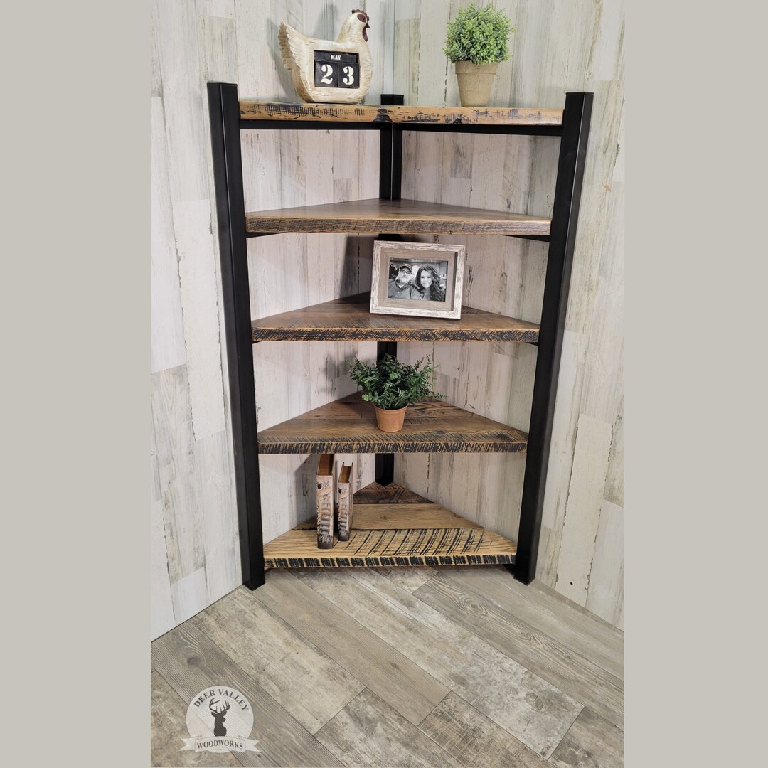 Wooden Corner Shelf, Rustic Corner Book Shelving Unit, Freestanding