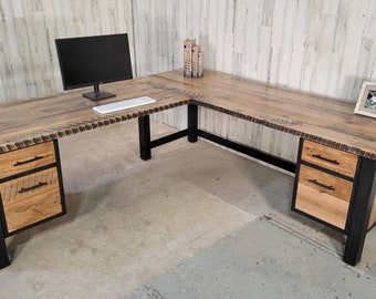 Reclaimed L-shaped computer desk, rustic corner desk, barnwood office desk  with file drawers