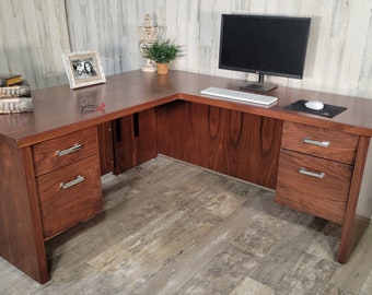 Walnut L-Shaped Computer Desk Executive Corner Desk Wood Office Desk Solid Wood Home Office Desk With Drawers Traditional Corner Desk