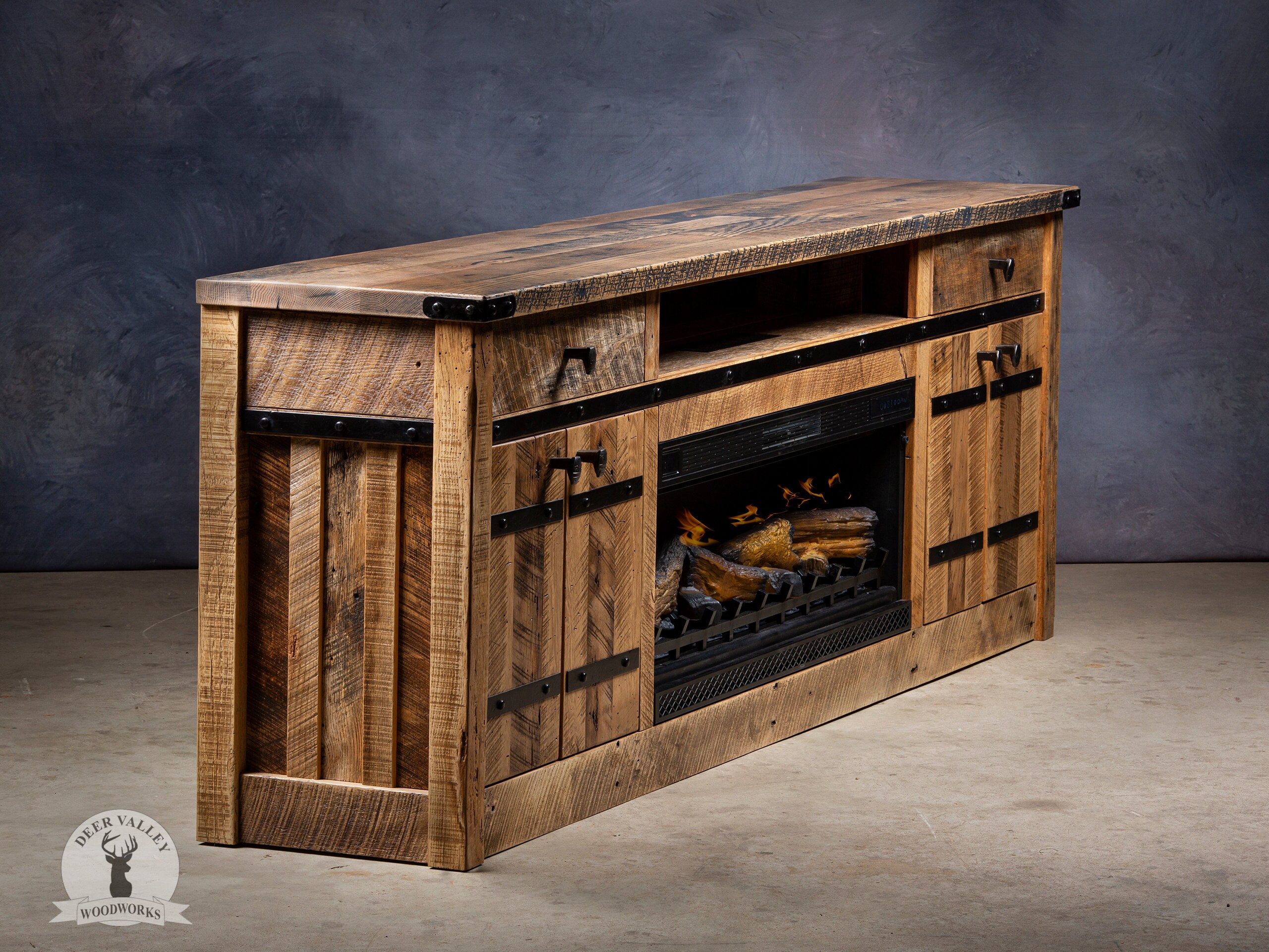 Barnwood Media Console 96 Fireplace Cabinet Reclaimed Wood