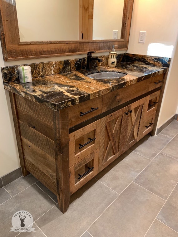 Image showcasing Barnwood Bathroom Cabinets Holly Reclaimed Wood Bathroom Vanity