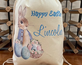 Personalised Kids Easter bunny and egg hunt gift bag, Custom First Easter Gift, Easter treat Egg hunt Sack Easter Decor, Easter Hunt Basket