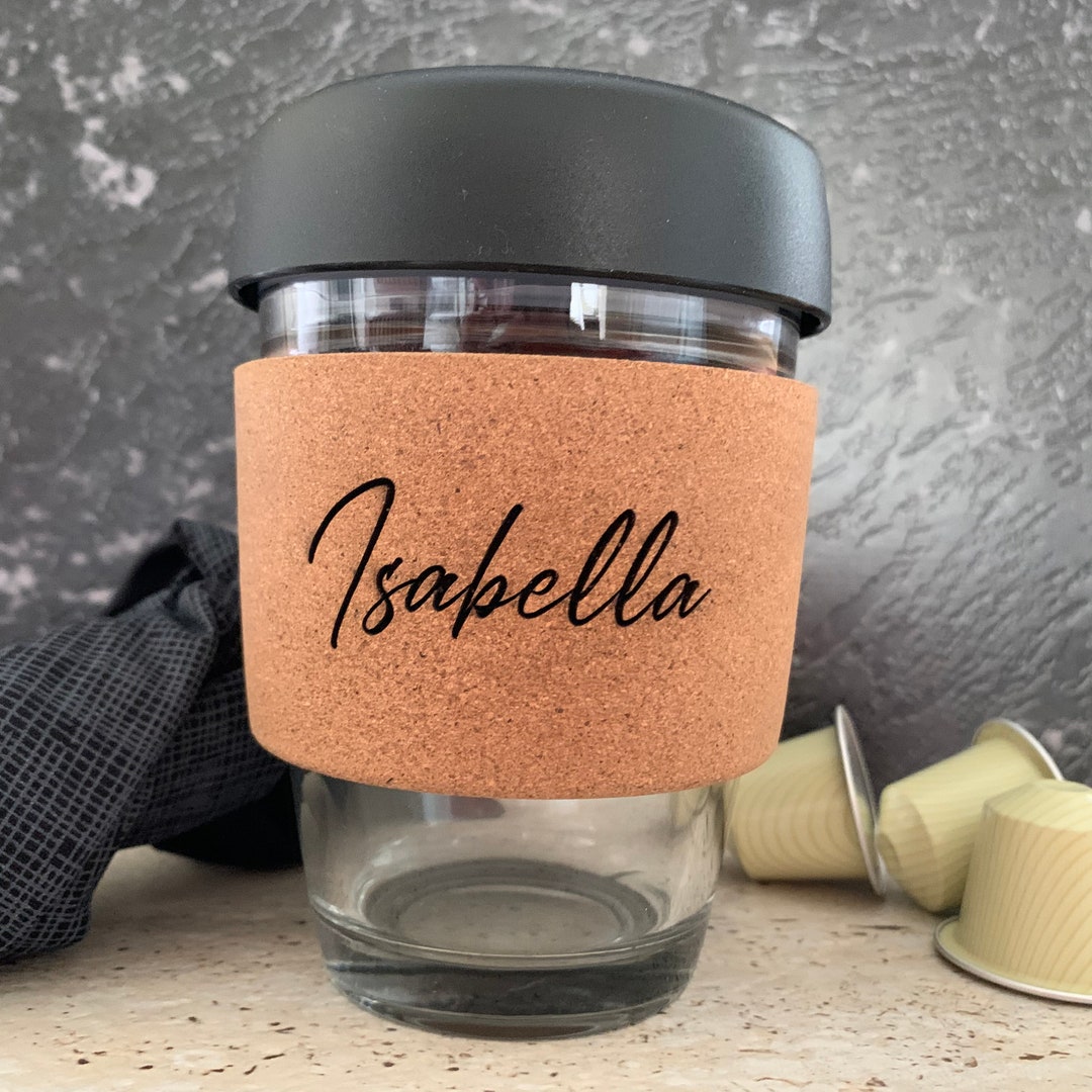 Personalised Coffee Keep Cup, Glass Coffee Mug Engraved Cork Band