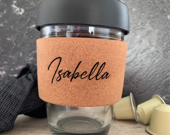 Personalised Coffee Keep Cup, Glass Coffee Mug Engraved Cork Band  Personalised Engraved Gift Birthday