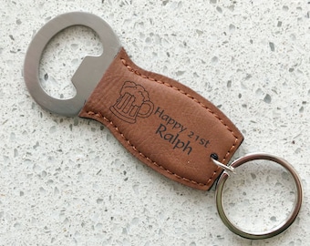 Personalised  Leatherette Bottle Opener Keyring Laser Engraved Birthday Gift Present- 18th 21st 30th 40th 50th Free Shipping Aust Wide