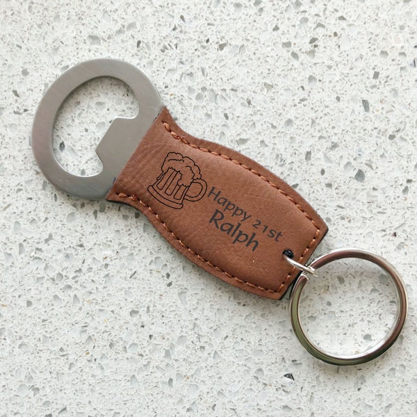Personalised  Leatherette Bottle Opener Keyring Laser Engraved Birthday Gift Present- 18th 21st 30th 40th 50th Free Shipping Aust Wide