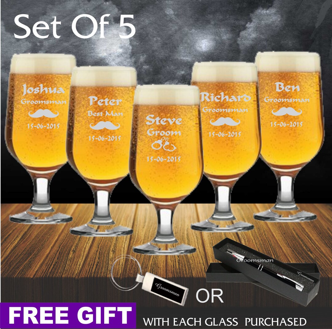 5 X Engraved 340ml Footed Beer Glasses Personalised Groomsman Gift Best