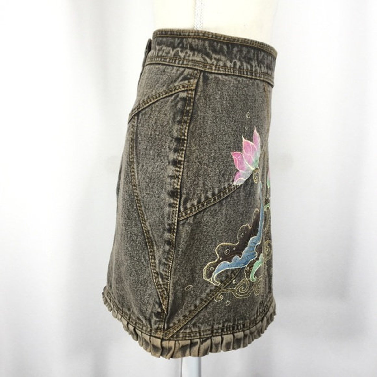 VINTAGE 90s Handpainted Denim Skirt Unique Piece Etsy