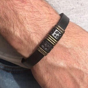 Men&#39;s Leather Bracelet with Black Band and Black and Gold Design , Men Leather Bracelet / Men&#39;s leather Bracelet Black