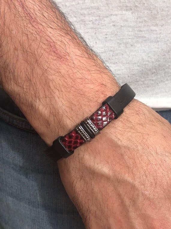 Men's Leather Bracelet with Red Snake Skin designs Men Leather Bracelet  Men's leather Bracelet Black