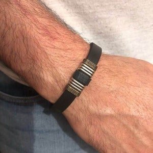Men&#39;s Leather Bracelet with Black and Silver Design, Men Leather Bracelet / Men&#39;s leather Bracelet Black