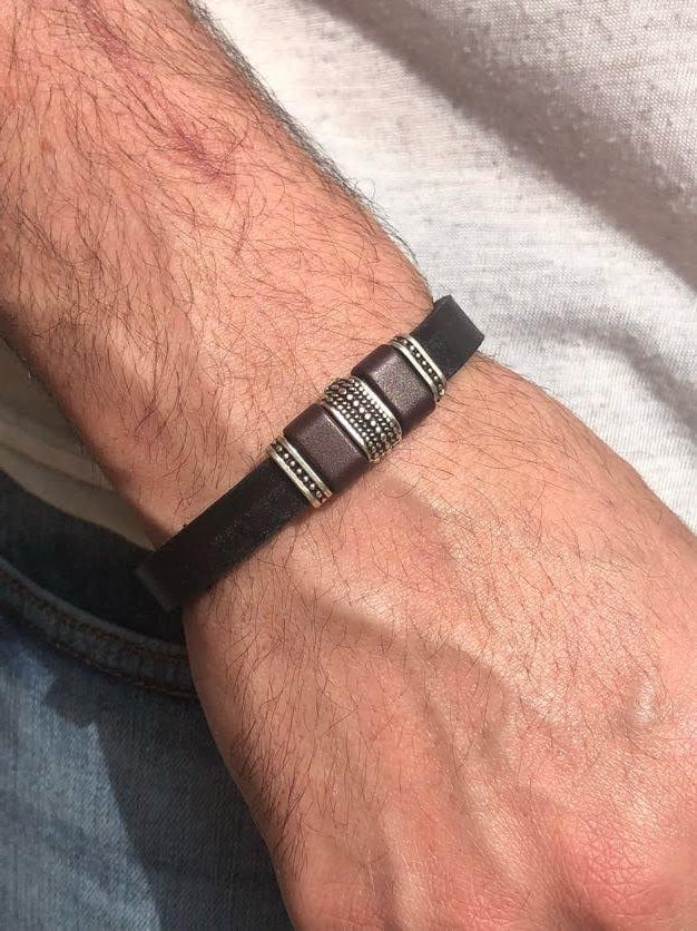 Men's Leather Bracelet With Black Band and Burgundy and Design , Men