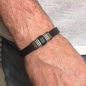 Men&#39;s Leather Bracelet with Silver Black Copper Design , Men Leather Bracelet / Men&#39;s leather Bracelet with Black Metal Designs
