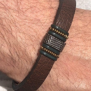 Men&#39;s Leather Bracelet with Brown Band andEmerald Green Design , Men Leather Bracelet / Men&#39;s leather Bracelet Black