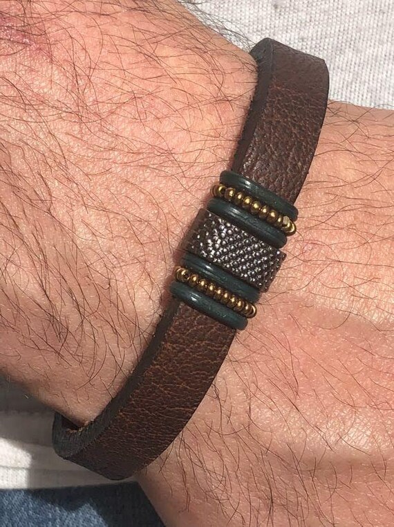 Men's Leather Bracelet with Brown Band andEmerald Green Design Men  Leather Bracelet Men's leather Bracelet Black