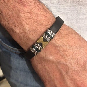 Men&#39;s Leather Bracelet with Hour Glass Charm  , Men Leather Bracelet / Men&#39;s leather Bracelet Black
