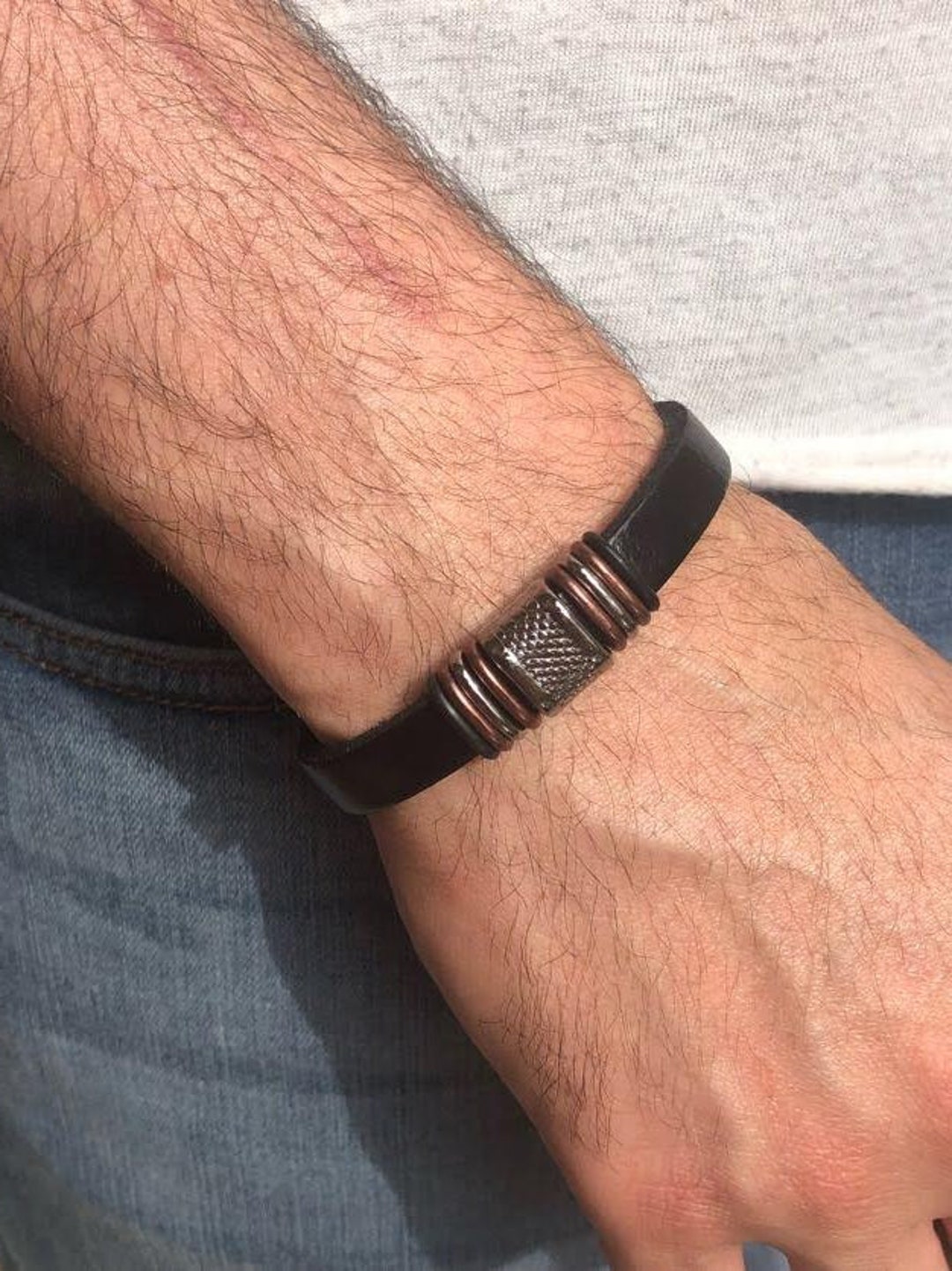Men's Leather Bracelet With Rose Gold , Men Leather Bracelet / Men's