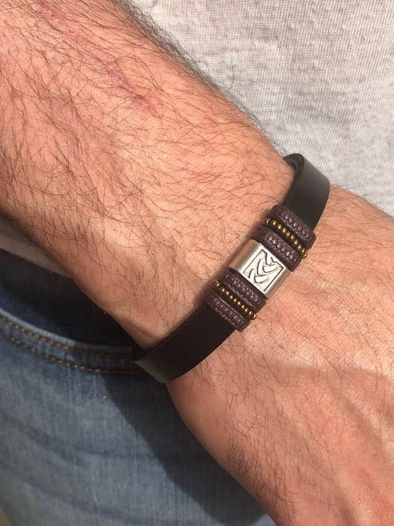 Mens leather and shop silver bracelet