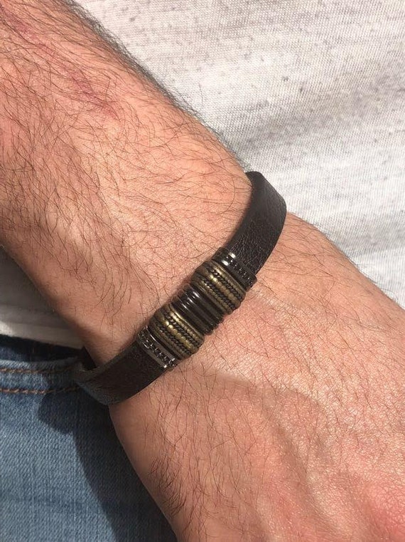 Men's Leather Bracelet With Copper and Black Design Men Leather