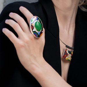 Green Kaleidoscope - Huge Colorfull Silver Ring with Cloisonné Enamel and Natural Agate