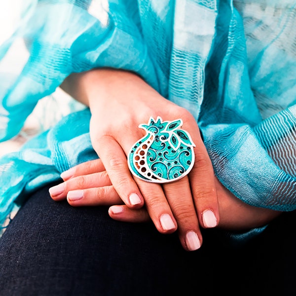 Huge Turquoise Pomegranate Silver Ring with Cloisonné Enamel