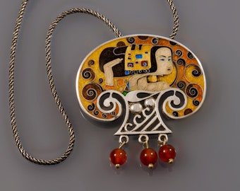 Princess - Amber-Brown colored Silver Pendant-Brooch with Cloisonné Enamel and Natural Red Amber Beads Inspired by Gustav Klimt's Art