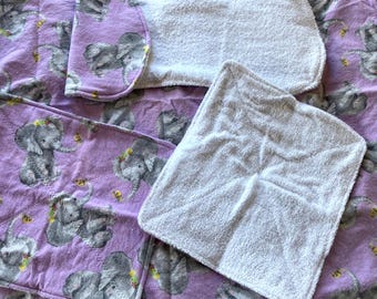 Purple Elephant Flannel Baby Receiving Blanket, Burp Cloth and Wash Cloth Set