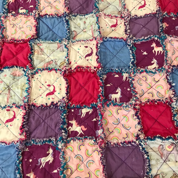 Princess , Unicorn and Rainbow Rag Quilt/Baby Girl Crib Quilt/ Girl's Toddler Bed Rag Quilt