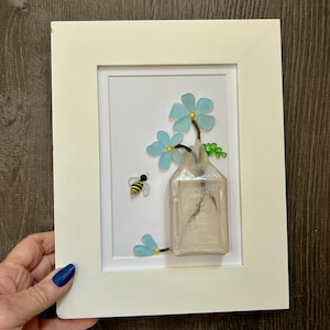 Blue and white art, Sea glass wall art, Gifts under 50, sea glass flowers, beach glass art, Sea Glass framed art, Gift for Her