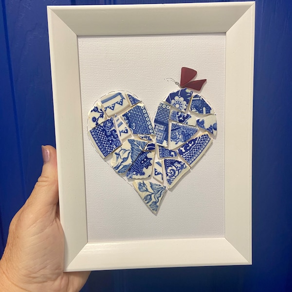 Mosaic heart-blue and white heart-heart art-broken pieces heart-ceramic heart-