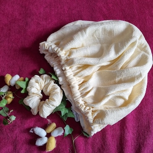 100% Mulberry Raw silk sleep bonnet, Organic Adjustable Double layer sleep cap & scrunchie