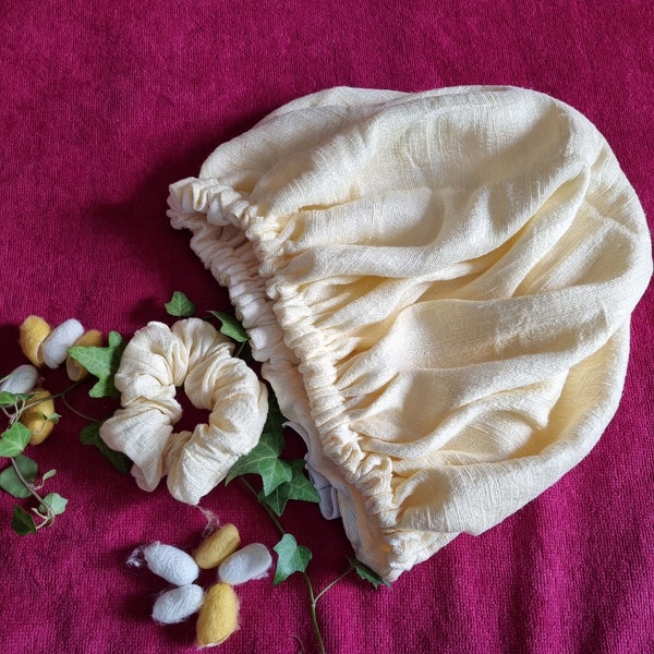 100% Mulberry Raw silk sleep bonnet, Organic Adjustable Double layer sleep cap & scrunchie