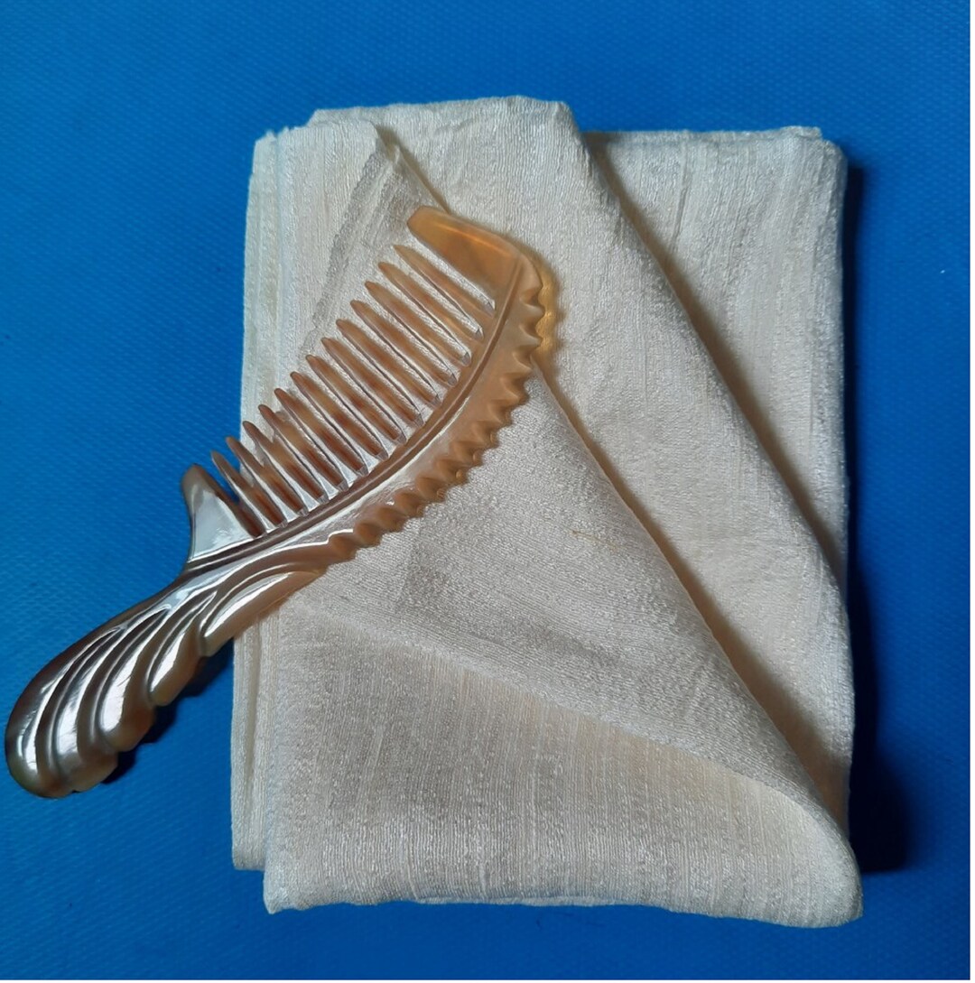 Set of Raw Silk Hair Towel and Horn Comb, Non-Dyed, Hand craft weaving, handmade