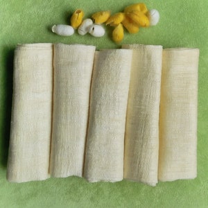 May include: Five off-white fabric squares, possibly made from silk, are arranged in a row on a green surface.  Above the squares are several yellow and white silk cocoons.