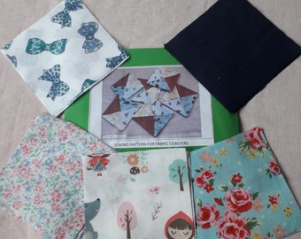 Pattern for a set of fabric coasters, physical pattern, easy to follow instructions by picture/words along with fabric needed to make them.