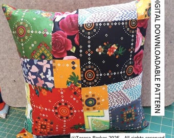 Pattern for a 9 square patchwork cushion cover, downloadable pattern, easy to follow instructions by picture and words