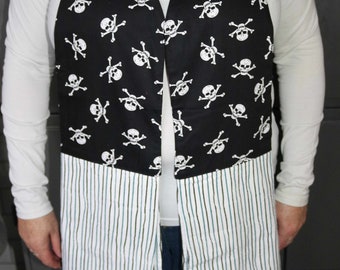 Kitchen tea towel Boa/Scarf.  White tea towel with black and teal stripes. Scarf made from black fabric with skulls on.