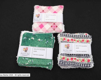 Handmade reusable face wipes, set of four with cotton fabric on one side and bamboo toweling on the other