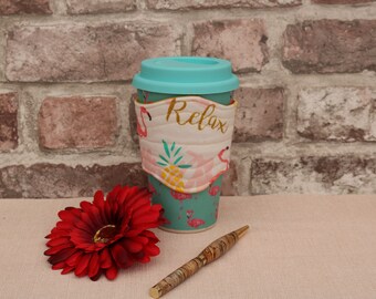 Handmade travel mug sleeve/holder made from beautiful cotton fabric