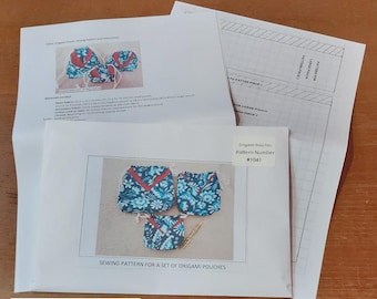 Pattern for a set of fabric origami pouches,  physical pattern, easy to follow instructions by picture and words