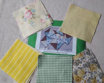 Pattern for a set of fabric coasters, physical pattern, easy to follow instructions by picture/words along with fabric needed to make them.