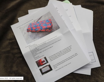 Pattern for a boxed make up bag with a zip, physical pattern, easy to follow instructions by picture and words