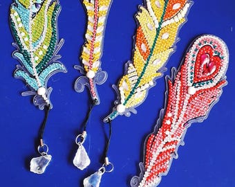 hand decorated crystal art book mark, feather book mark, sparkly book mark, present for book lovers, sealed crystals, colourful book mark,