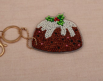 Hand decorated crystal art keyring, keyring, key chain, key fob, sealed crystals, Christmas Pudding, clip attached, useful gift