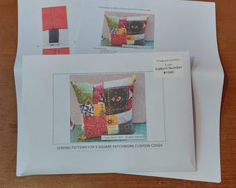 Pattern for a 9 square patchwork cushion cover,  physical pattern, easy to follow instructions by picture and words