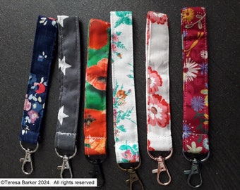 Wrist Lanyard made from beautiful cotton and polycotton fabrics.  Each lanyard has a lobster clasp on it.