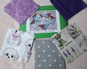 Pattern for a set of fabric coasters, physical pattern, easy to follow instructions by picture/words along with fabric needed to make them.